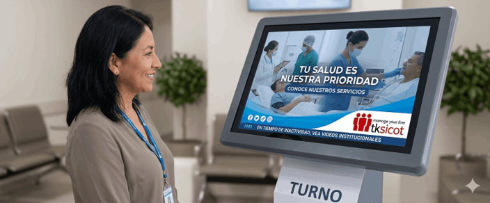 Pantalla de turnos con gestión de publicidad digital y multimedia integrada