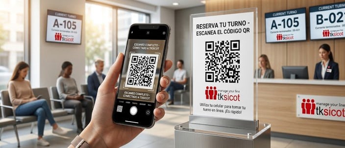 Usuario escaneando un código QR con su celular para obtener un turno digital en línea con el sistema TKsicot